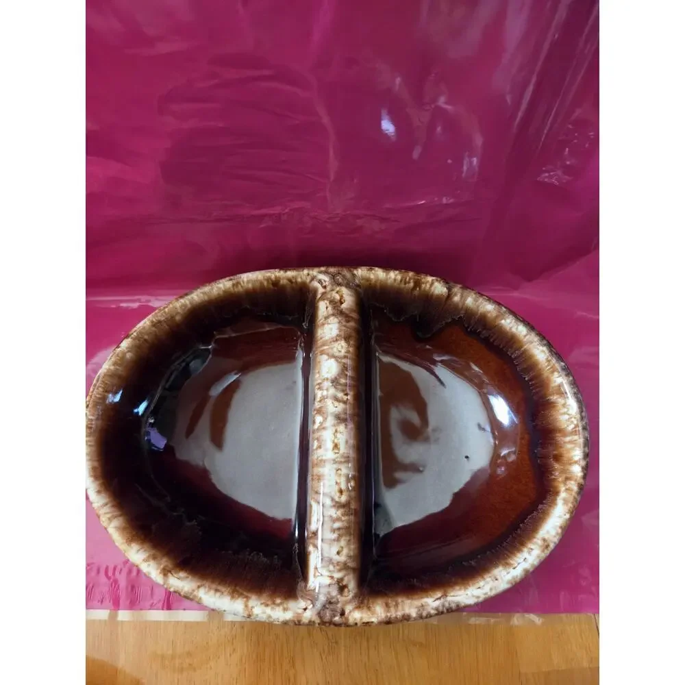 VTG Kathy Kale Pottery Brown Drip Glaze 11 Divided Vegetable Serving Dish USA